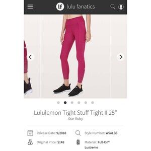 Lululemon size 12 Tight Stuff Tight II 25"
Star Ruby red leggings